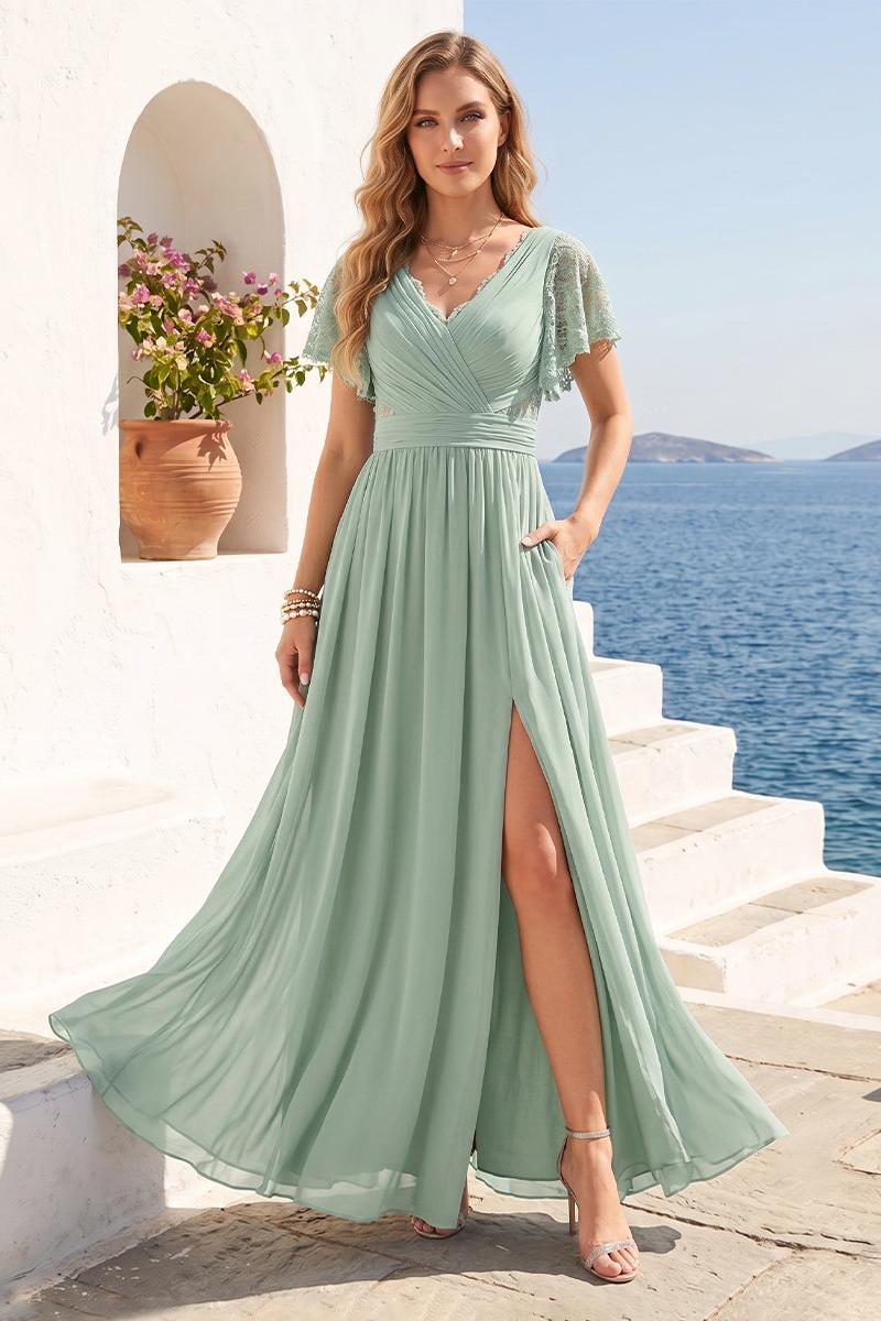 A-Line/Princess V-Neck Long Wedding Party Dresses with Split Side & Pockets