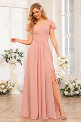 A-Line/Princess V-Neck Long Wedding Party Dresses with Split Side & Pockets