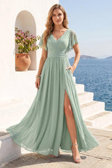 A-Line/Princess V-Neck Long Wedding Party Dresses with Split Side & Pockets