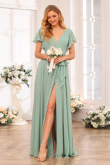 A-Line/Princess V-Neck Long Wedding Party Dresses with Split Side & Sash