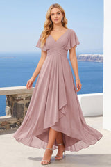 A-Line/Princess V-Neck Short Sleeves Asymmetrical Chiffon Bridesmaid Dresses with Ruffles & Ruched