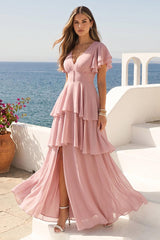 A-Line/Princess V-Neck Short Sleeves Bridesmaid Dresses With Cascading Ruffles & Split Side