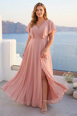 A-Line/Princess V-Neck Short Sleeves Floor-Length Plus Size Bridesmaid Dresses With Side Slit