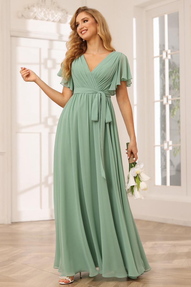 A-Line/Princess V-Neck Short Sleeves Long Bridesmaid Dresses with Sash