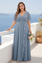 A-Line/Princess V-Neck Short Sleeves Plus Size Bridesmaid Dresses with Pockets