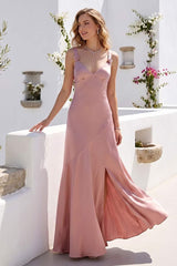 A-Line/Princess V-Neck Sleeveless Floor-Length Bridesmaid Dresses With Ruffles & Split Side