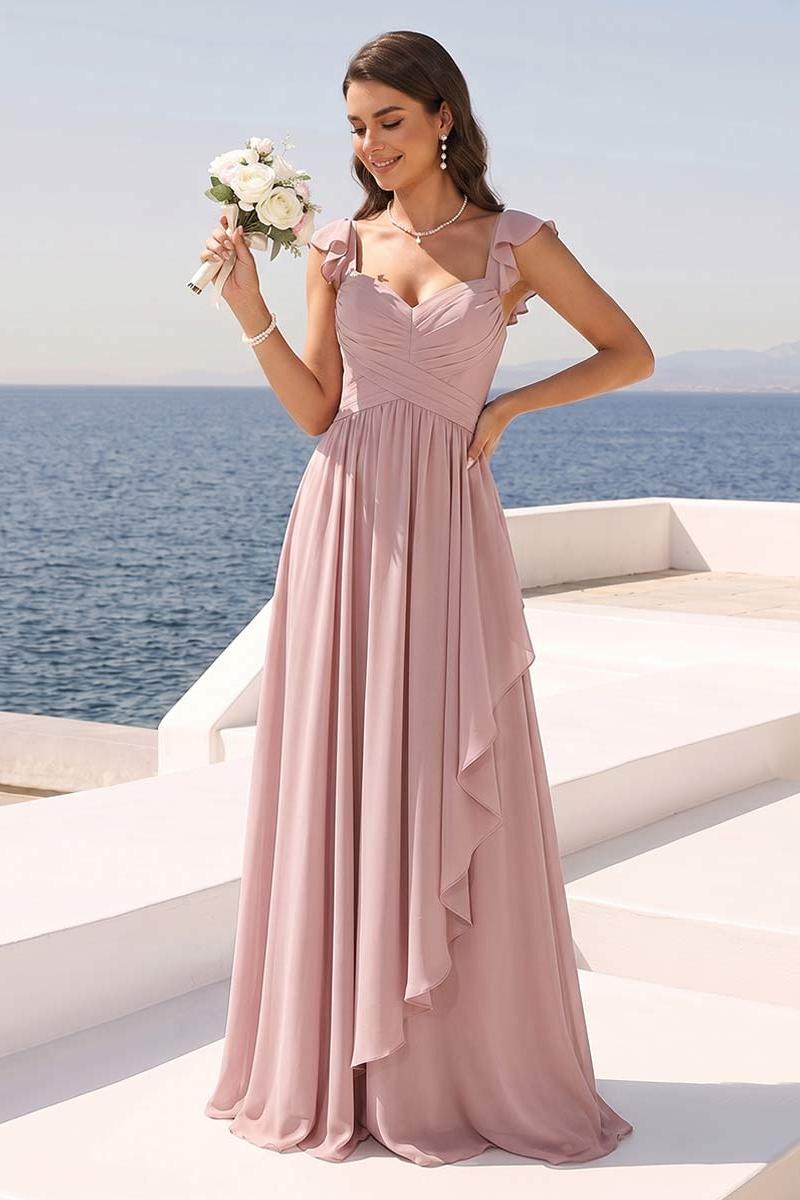 A-Line/Princess V-Neck Spaghetti Straps Sleeveless Floor-Length Bridesmaid Dresses With Ruffles & Pleats