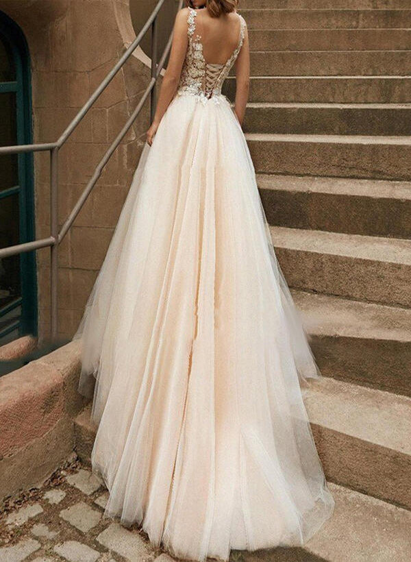 A Line/Princess V Neck Tulle Lace Sweep Train Wedding Dress With Lace