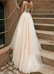 A Line/Princess V Neck Tulle Lace Sweep Train Wedding Dress With Lace