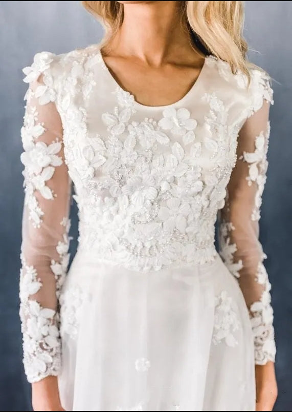 A-line Wedding Dress Lace Long Sleeve Crew Neck Bridal Gown