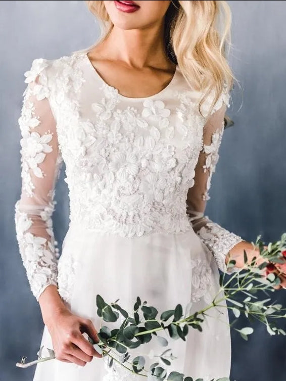 A-line Wedding Dress Lace Long Sleeve Crew Neck Bridal Gown