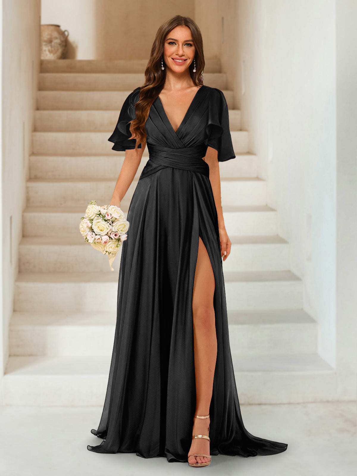A-Line/Princess V-Neck Short Sleeves Long Bridesmaid Dresses with Split Side Black
