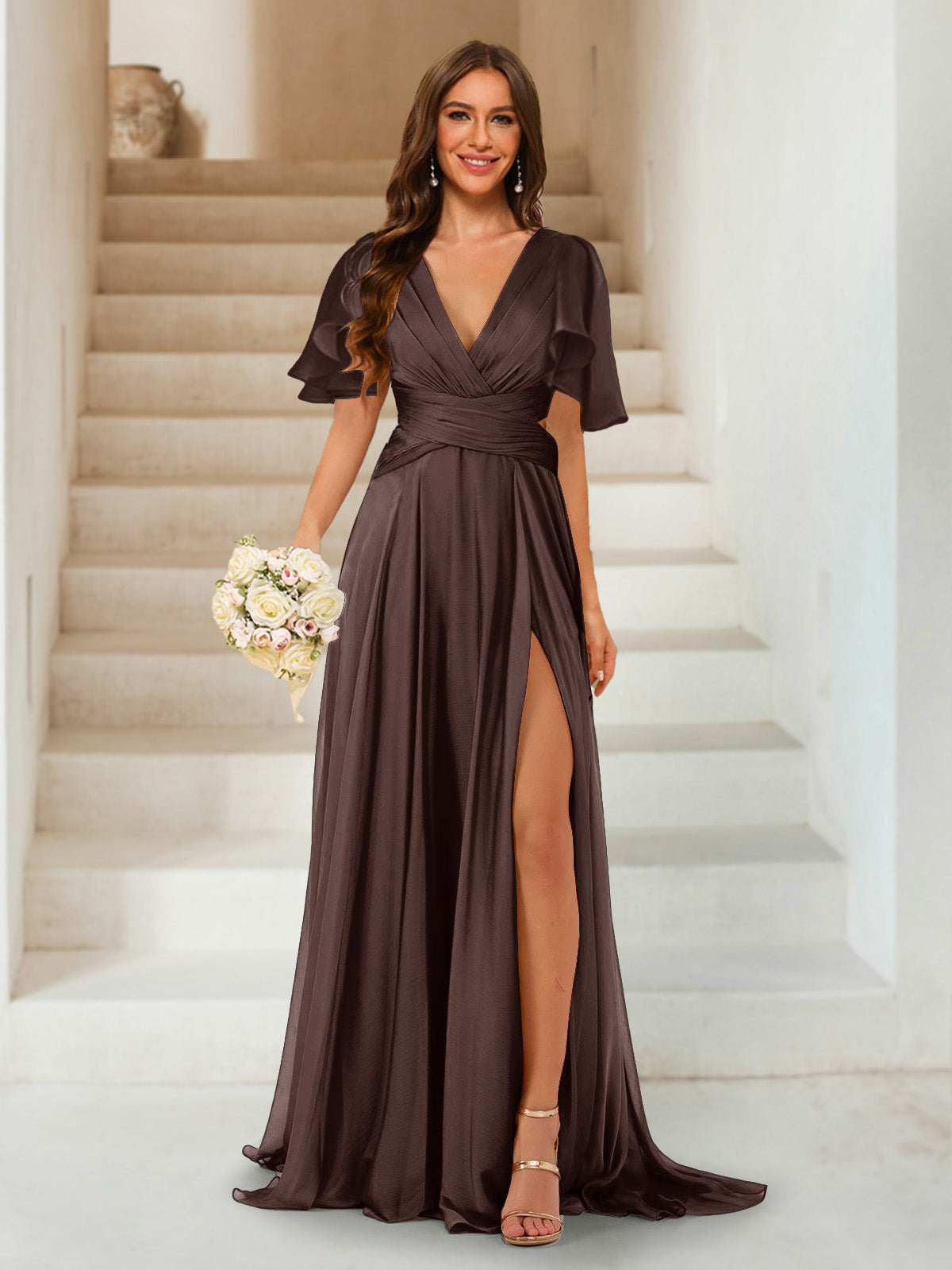 A-Line/Princess V-Neck Short Sleeves Long Bridesmaid Dresses with Split Side Brown