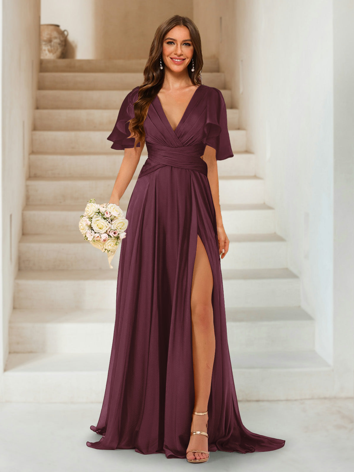 A-Line/Princess V-Neck Short Sleeves Long Bridesmaid Dresses with Split Side Burgundy