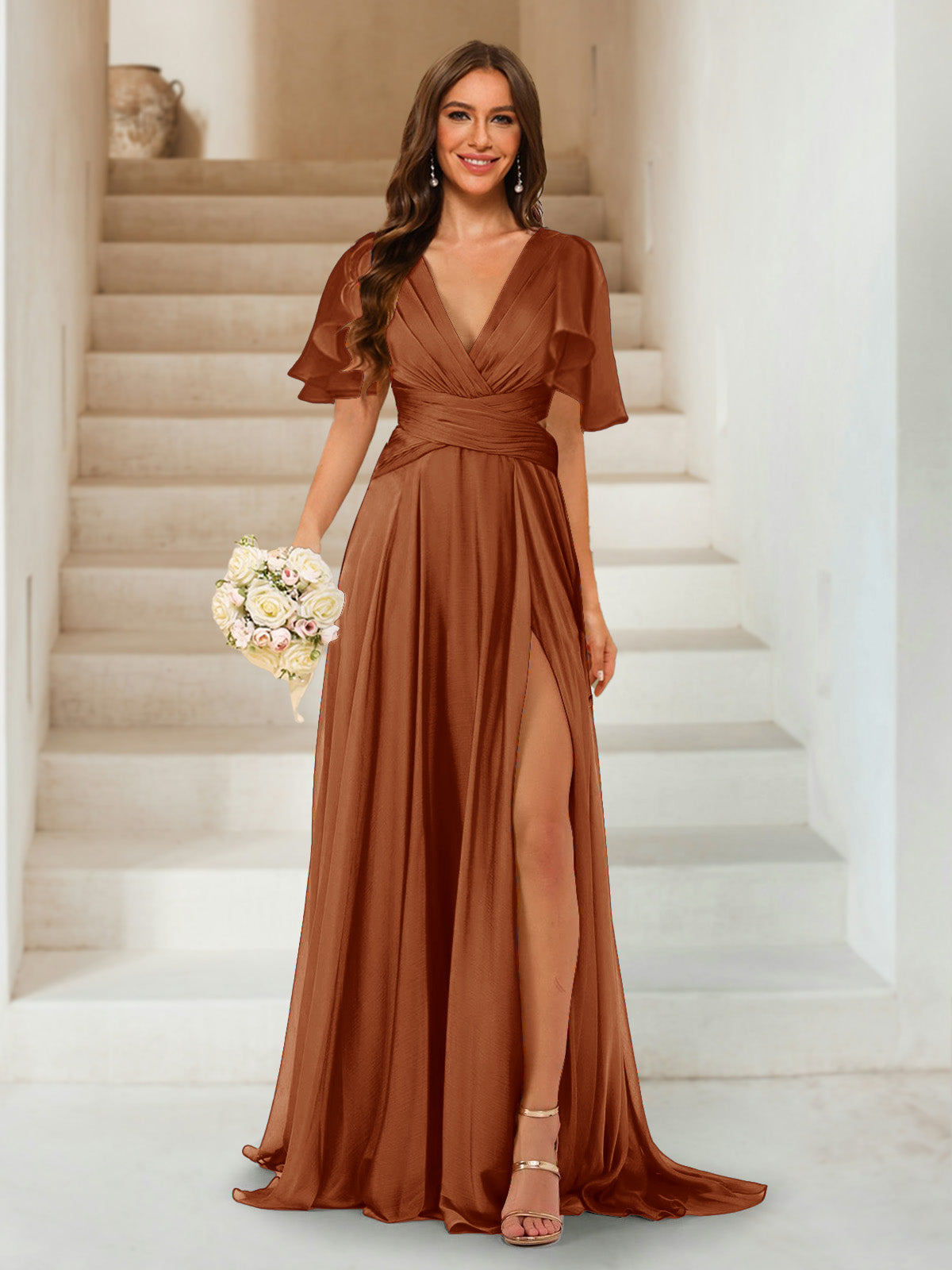 A-Line/Princess V-Neck Short Sleeves Long Bridesmaid Dresses with Split Side Burnt Orange