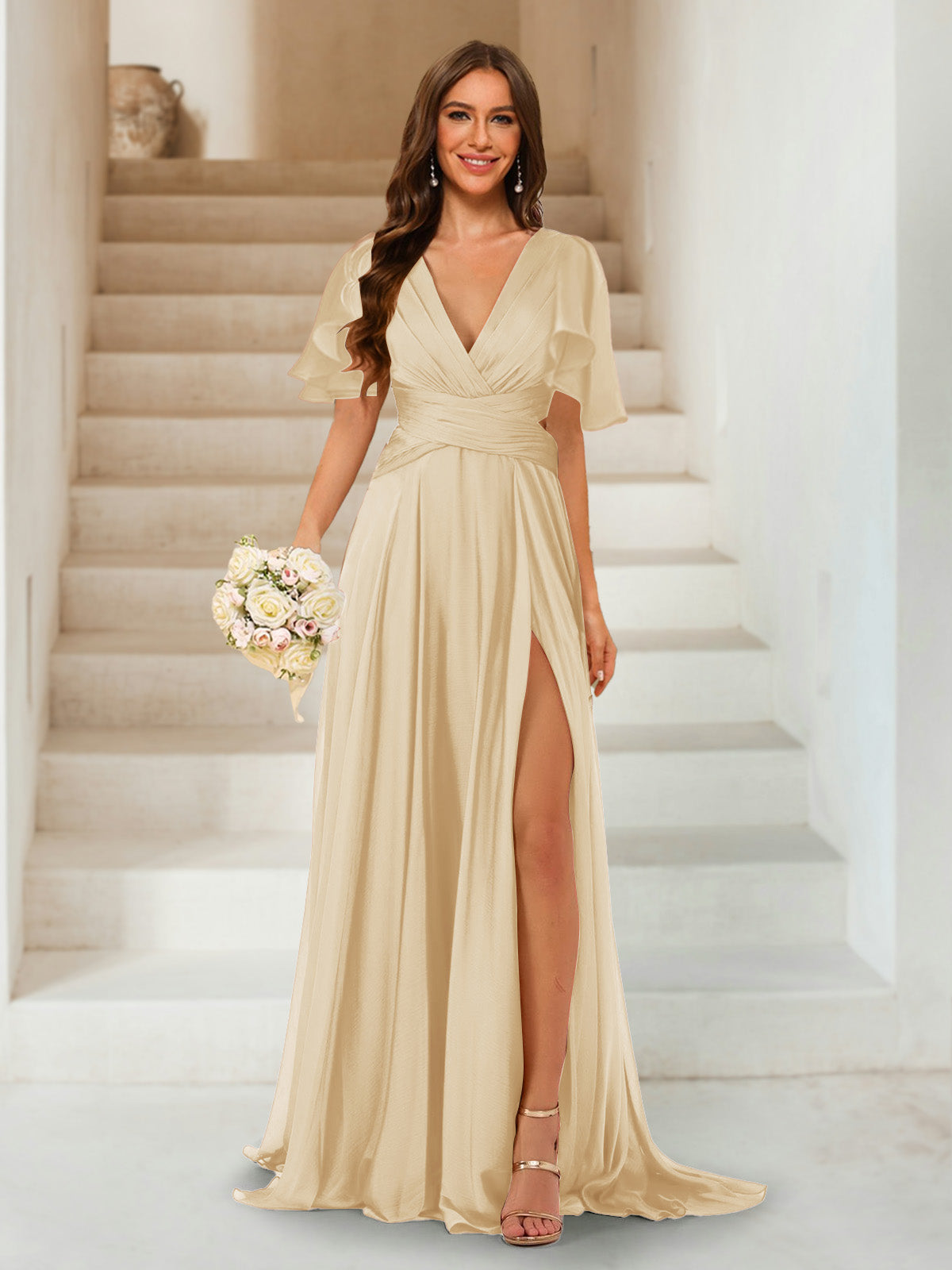 A-Line/Princess V-Neck Short Sleeves Long Bridesmaid Dresses with Split Side Champagne