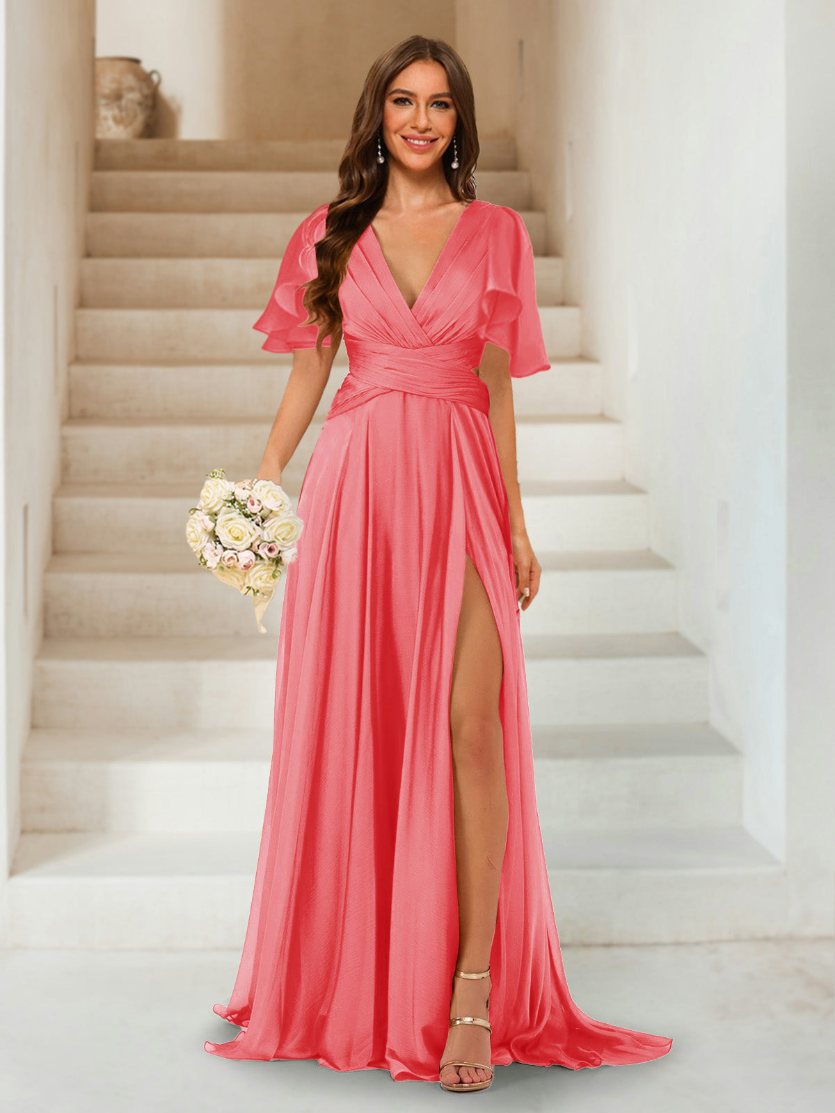 A-Line/Princess V-Neck Short Sleeves Long Bridesmaid Dresses with Split Side Coral