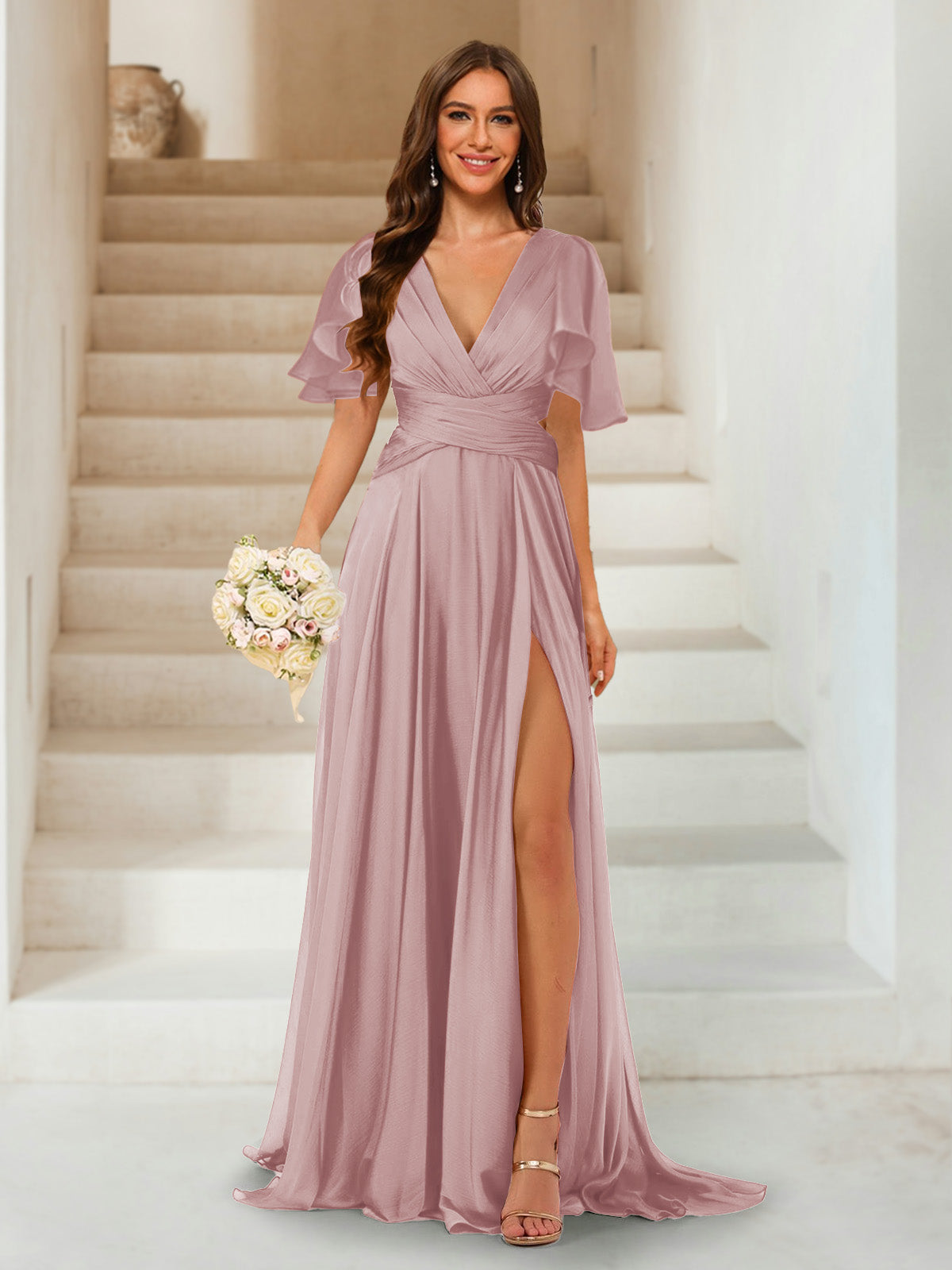 A-Line/Princess V-Neck Short Sleeves Long Bridesmaid Dresses with Split Side Dusty Pink