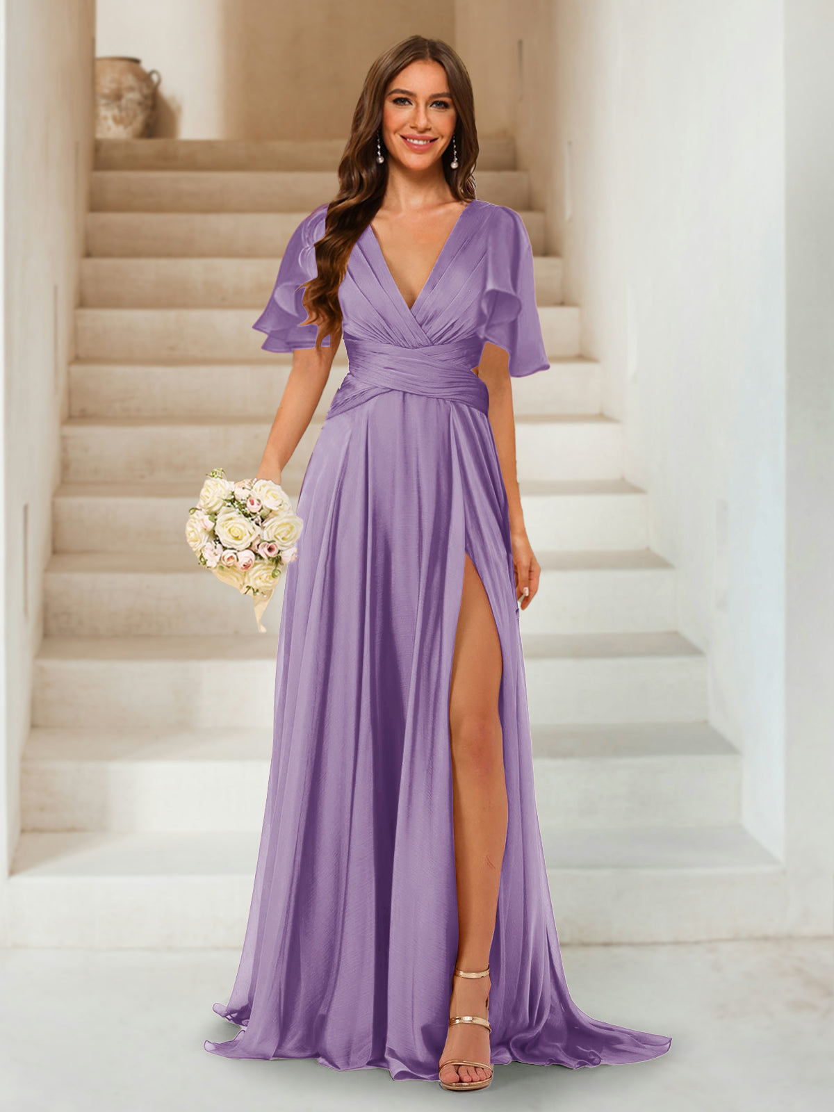 A-Line/Princess V-Neck Short Sleeves Long Bridesmaid Dresses with Split Side Dusty Purple
