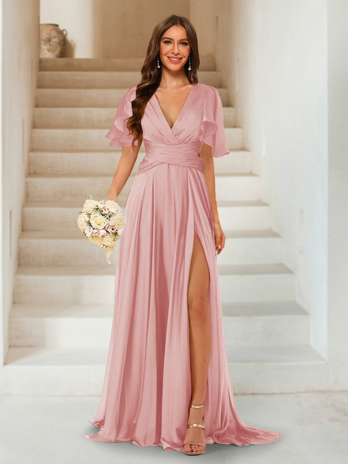 A-Line/Princess V-Neck Short Sleeves Long Bridesmaid Dresses with Split Side Dusty Rose