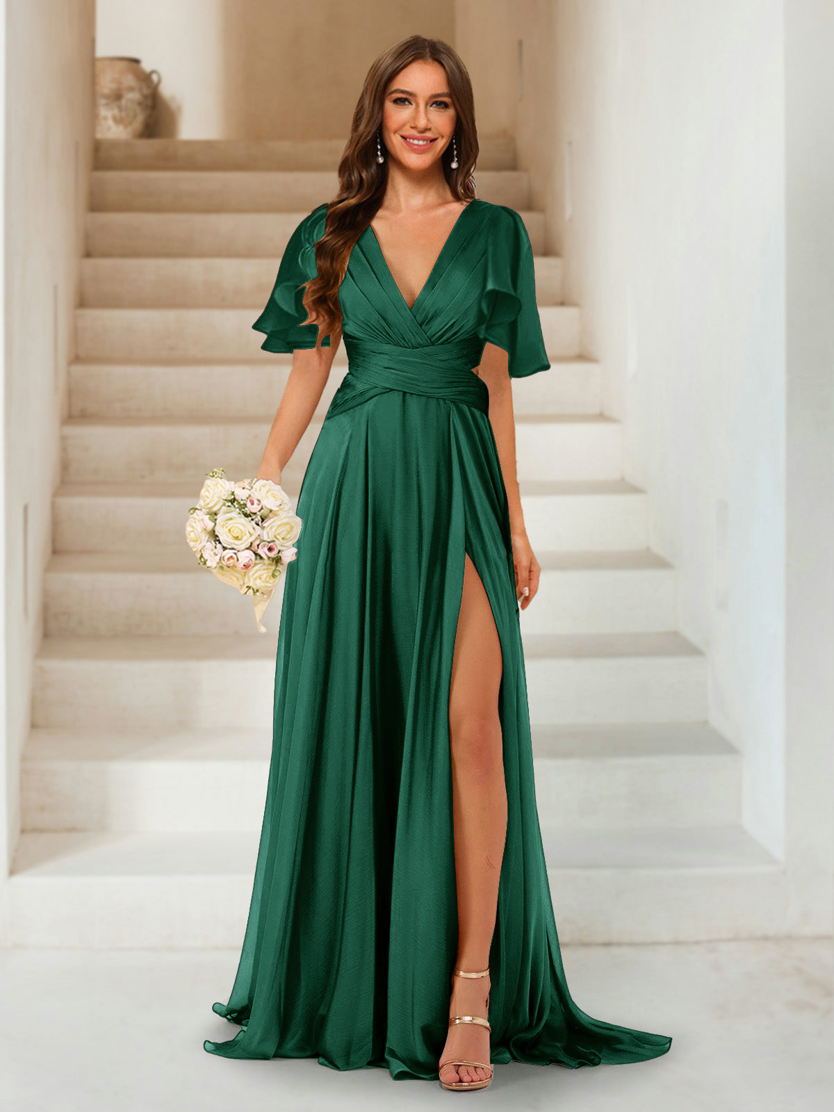 A-Line/Princess V-Neck Short Sleeves Long Bridesmaid Dresses with Split Side Emerald