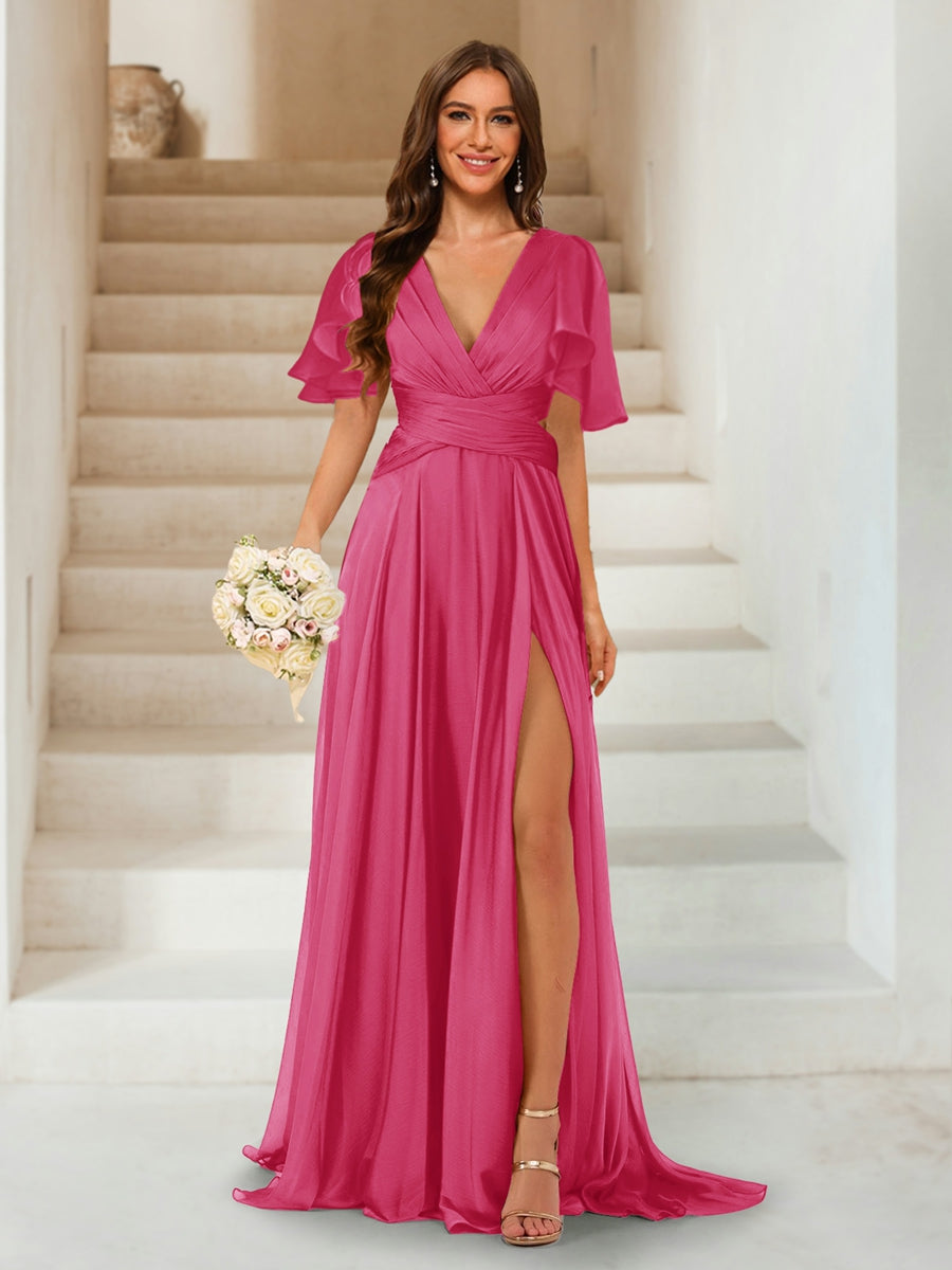 A-Line/Princess V-Neck Short Sleeves Long Bridesmaid Dresses with Split Side Fuchsia