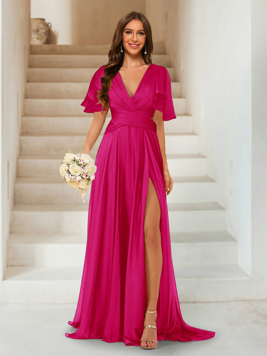 A-Line/Princess V-Neck Short Sleeves Long Bridesmaid Dresses with Split Side Fuchsia Pink