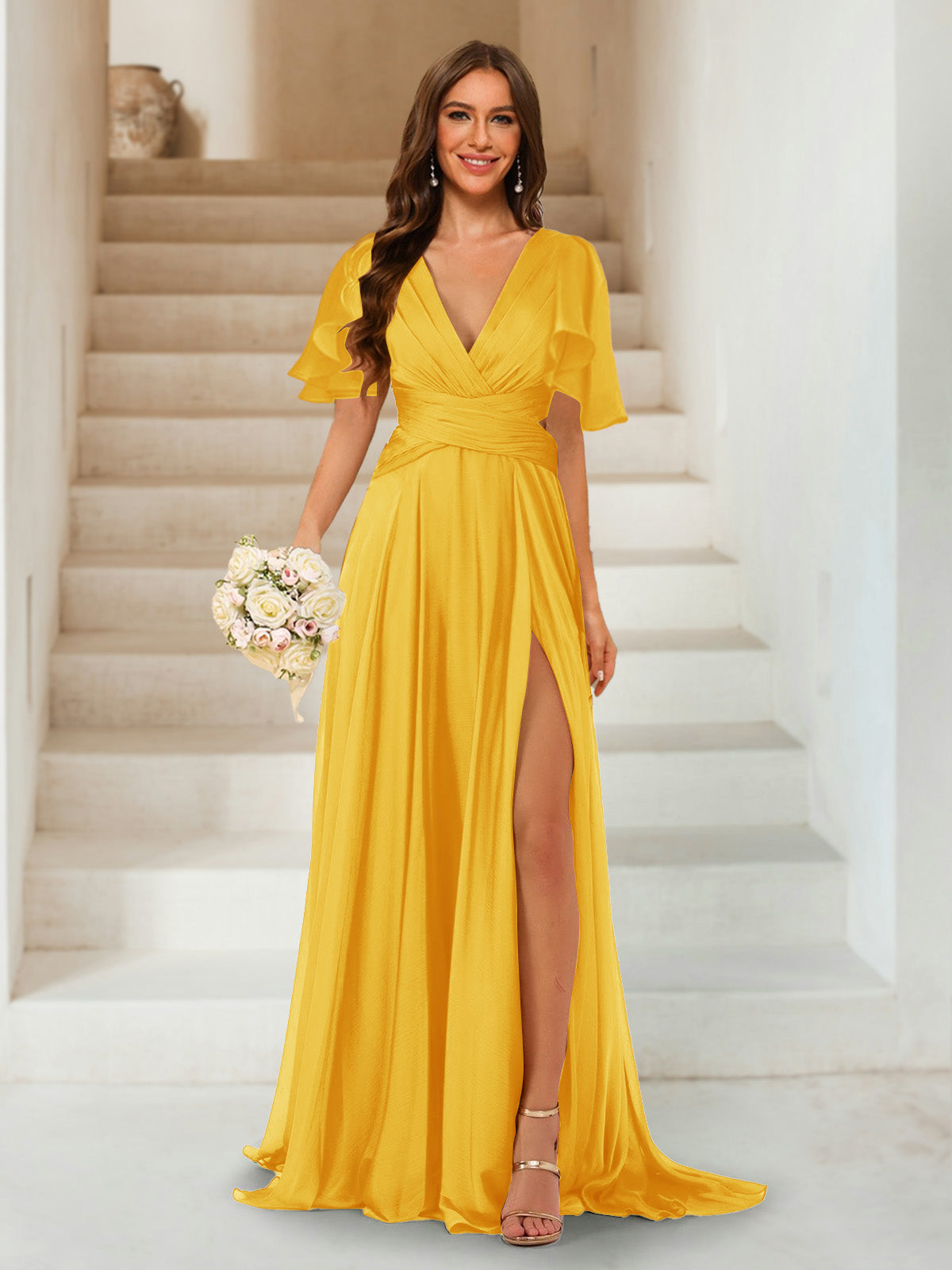 A-Line/Princess V-Neck Short Sleeves Long Bridesmaid Dresses with Split Side Gold