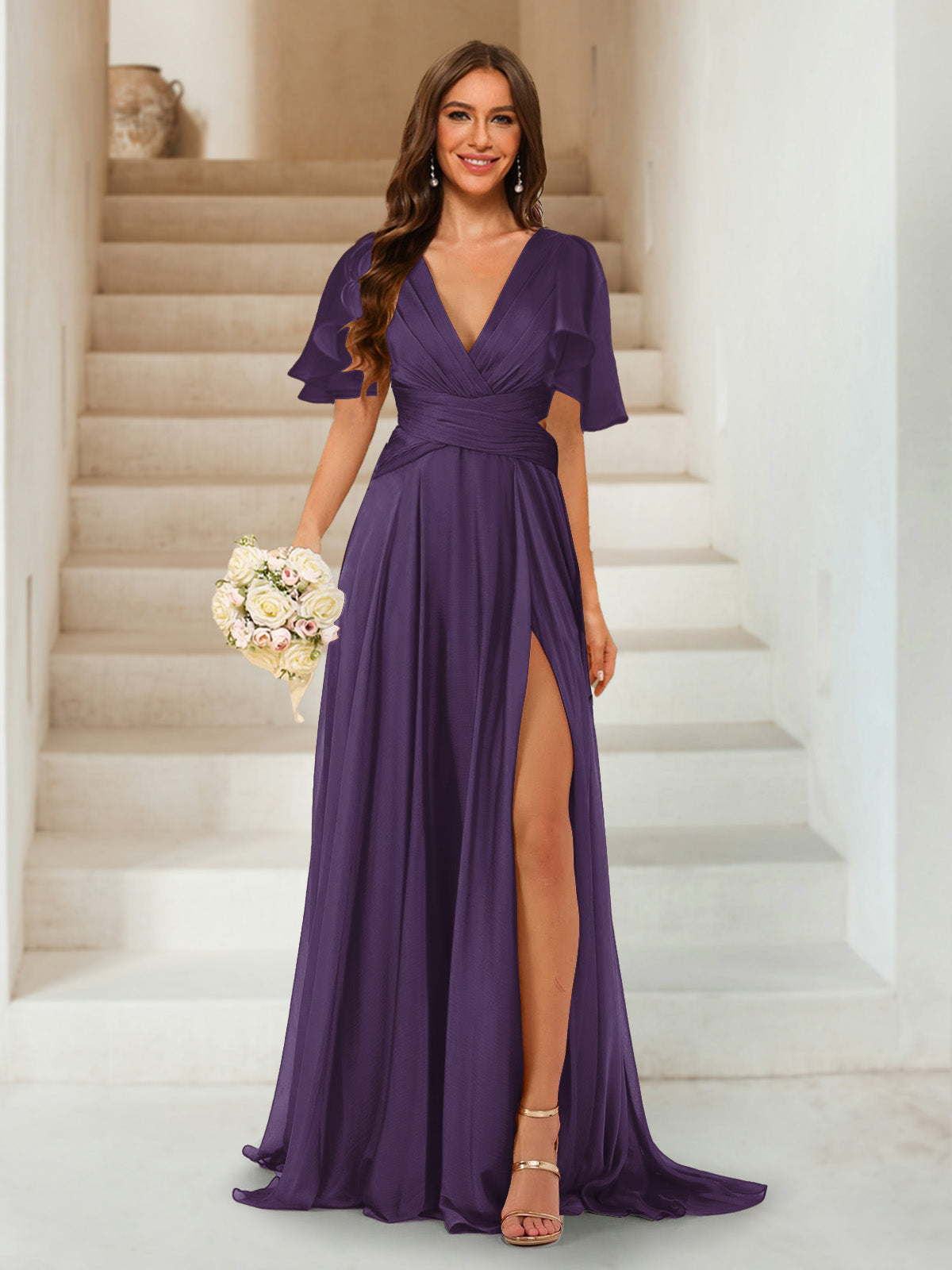 A-Line/Princess V-Neck Short Sleeves Long Bridesmaid Dresses with Split Side Grape