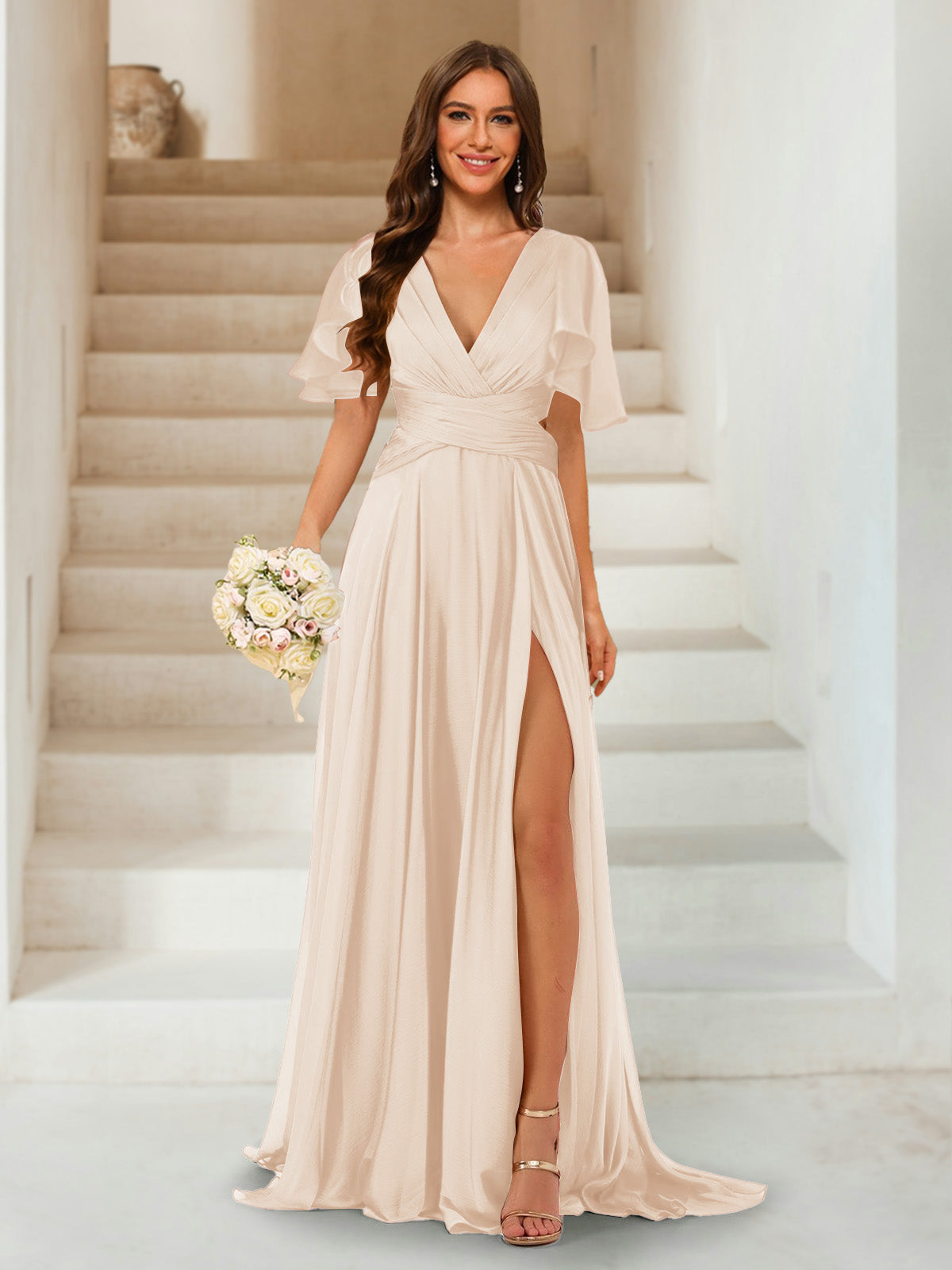 A-Line/Princess V-Neck Short Sleeves Long Bridesmaid Dresses with Split Side Light Champagne