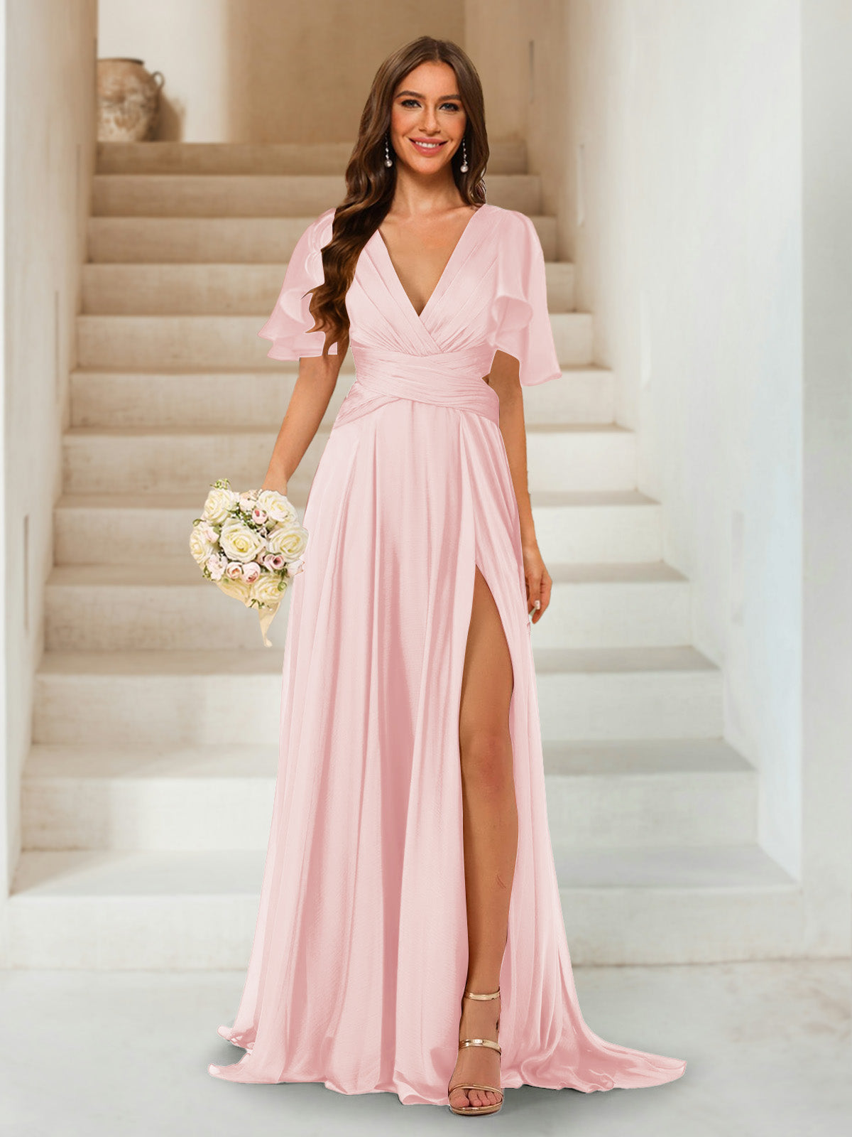A-Line/Princess V-Neck Short Sleeves Long Bridesmaid Dresses with Split Side Light Pink