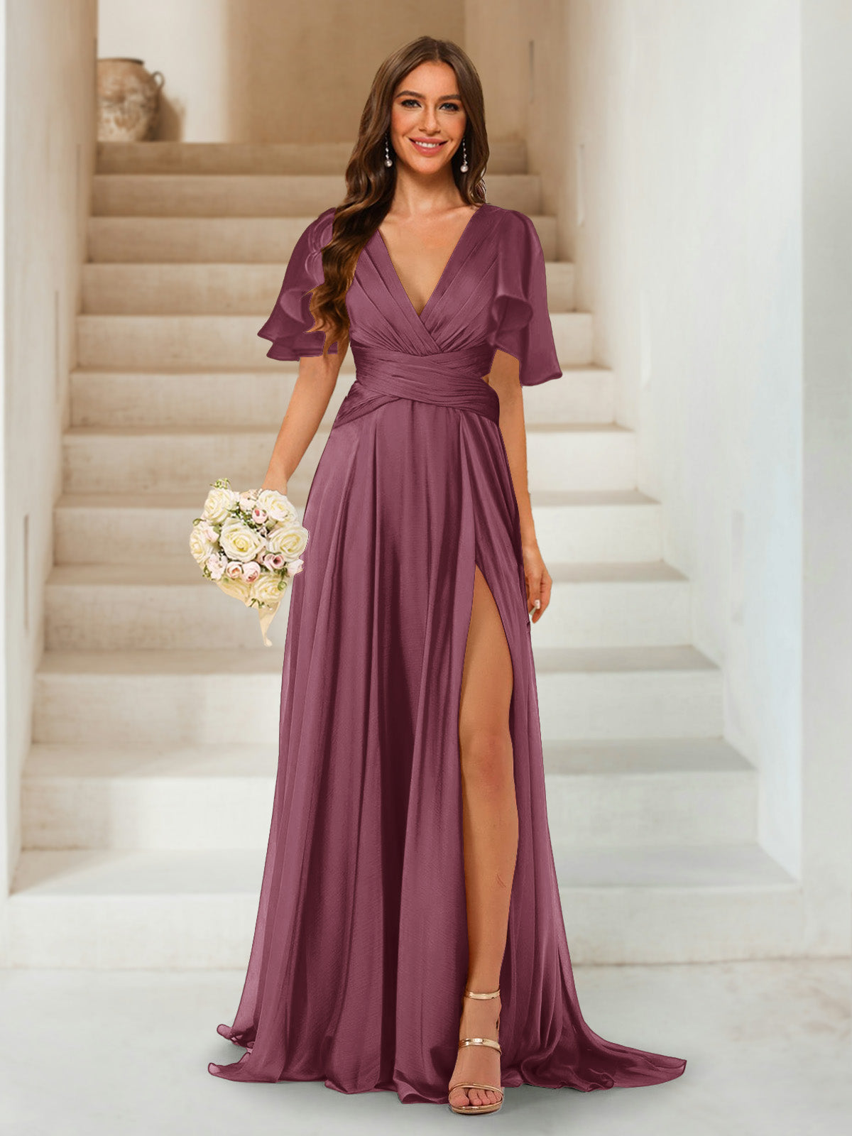 A-Line/Princess V-Neck Short Sleeves Long Bridesmaid Dresses with Split Side Mulberry