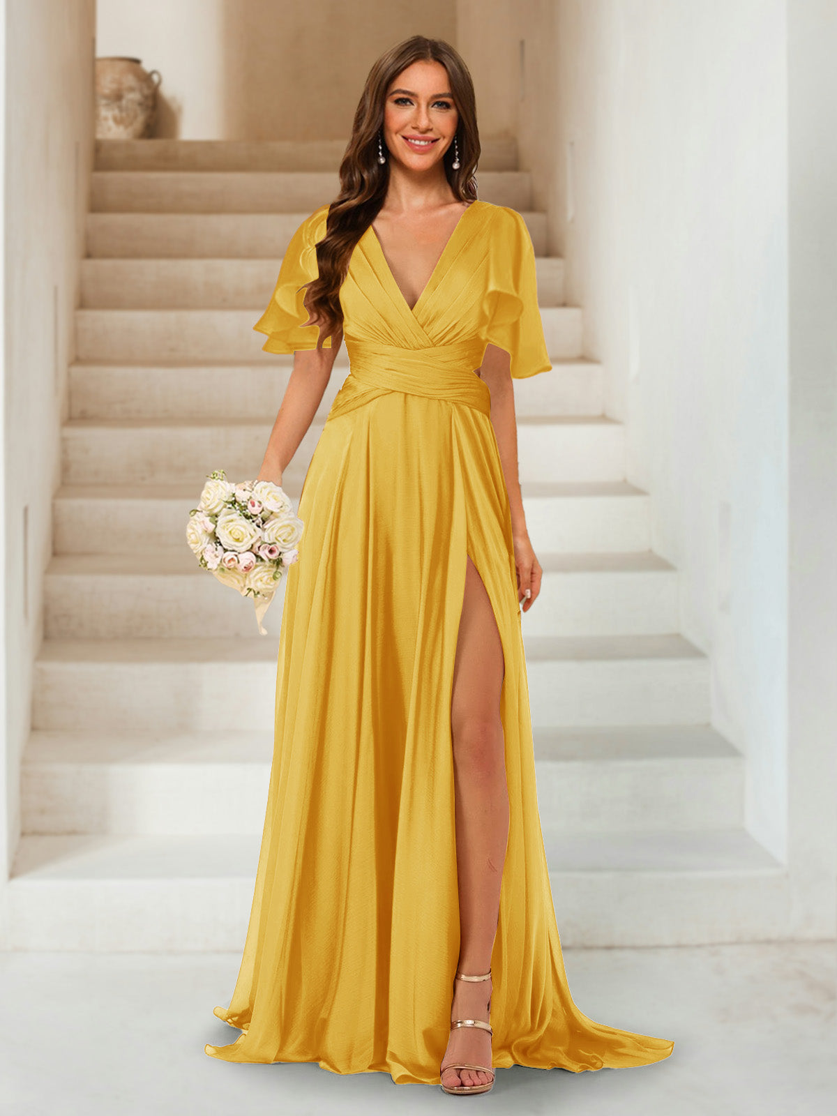 A-Line/Princess V-Neck Short Sleeves Long Bridesmaid Dresses with Split Side Mustard Yellow