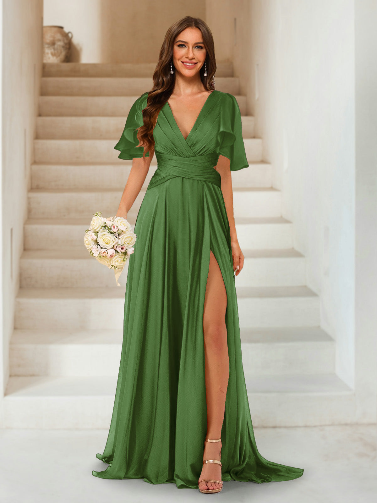 A-Line/Princess V-Neck Short Sleeves Long Bridesmaid Dresses with Split Side Olive Green