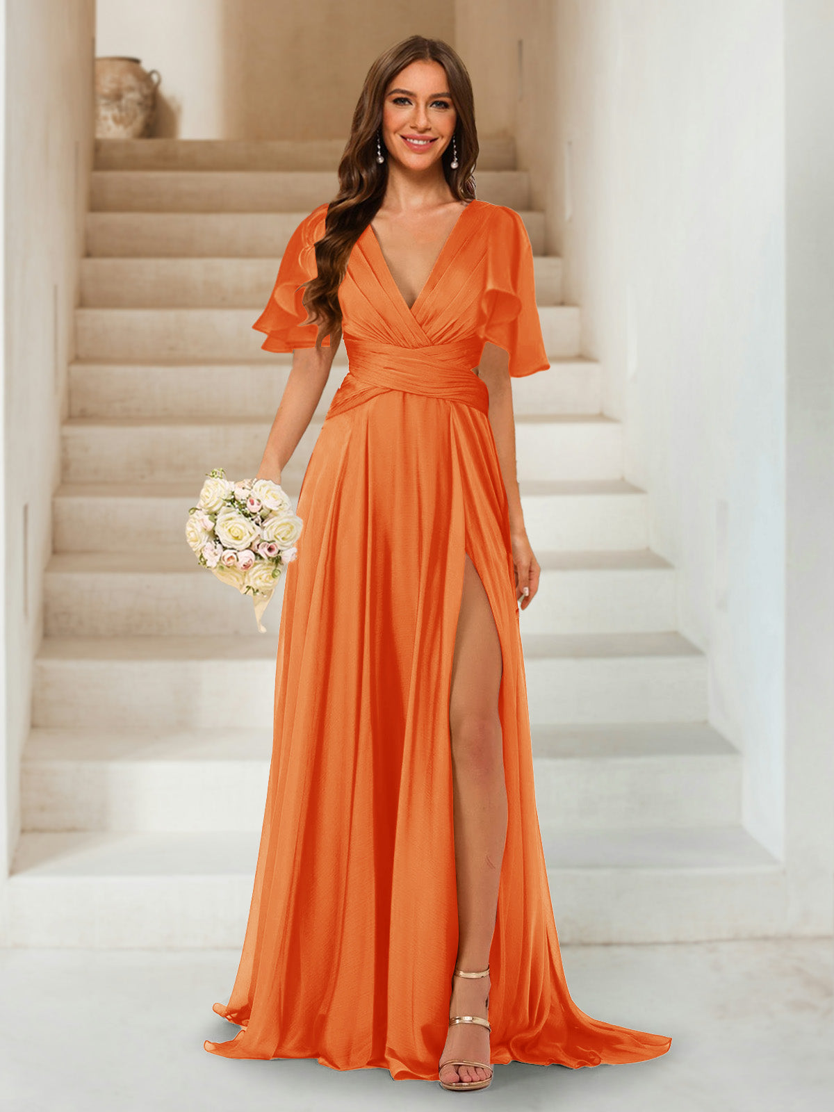 A-Line/Princess V-Neck Short Sleeves Long Bridesmaid Dresses with Split Side Orange