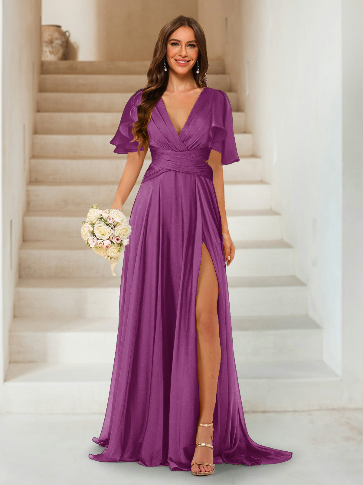 A-Line/Princess V-Neck Short Sleeves Long Bridesmaid Dresses with Split Side Orchid
