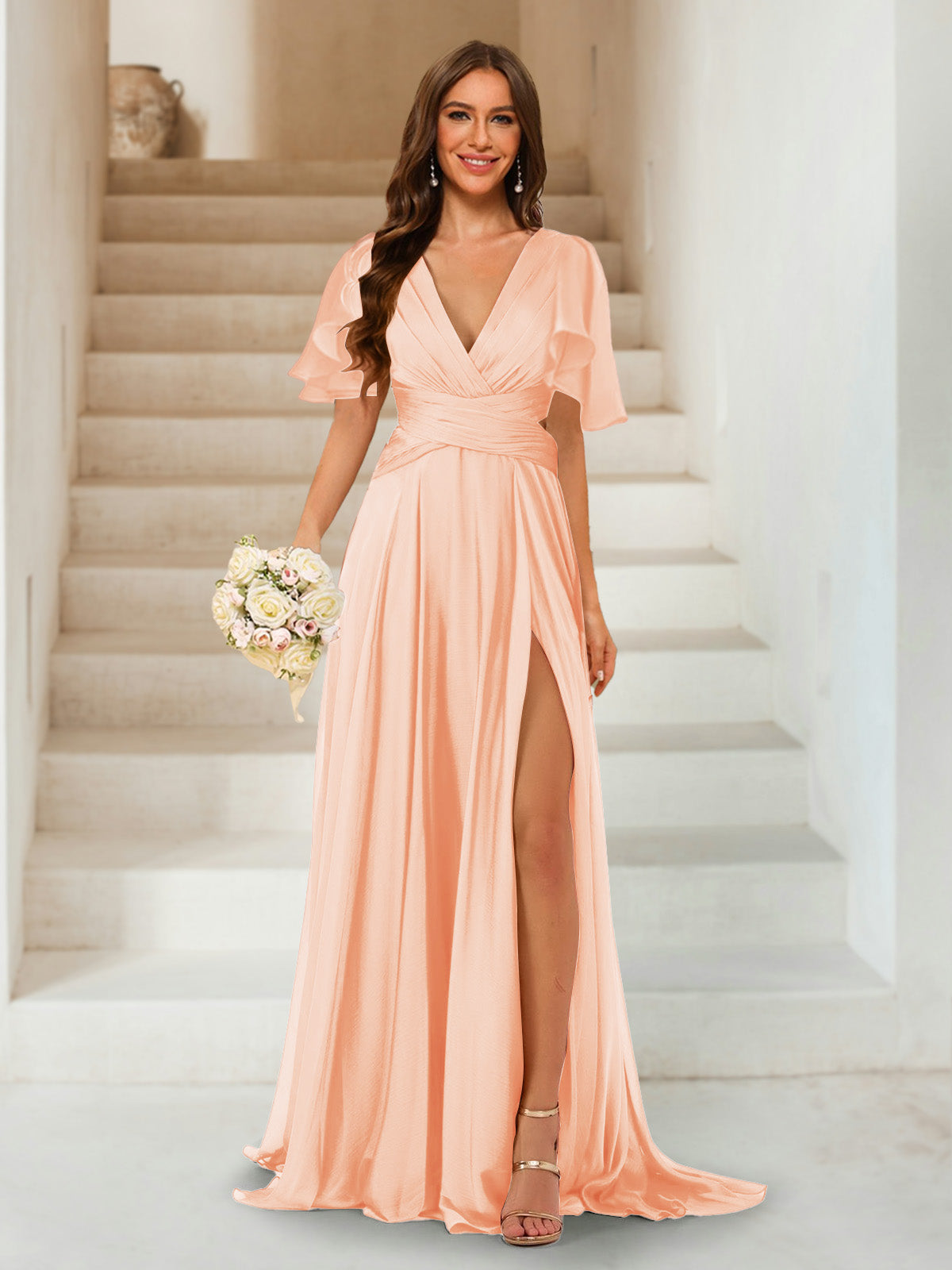 A-Line/Princess V-Neck Short Sleeves Long Bridesmaid Dresses with Split Side Peach Pink