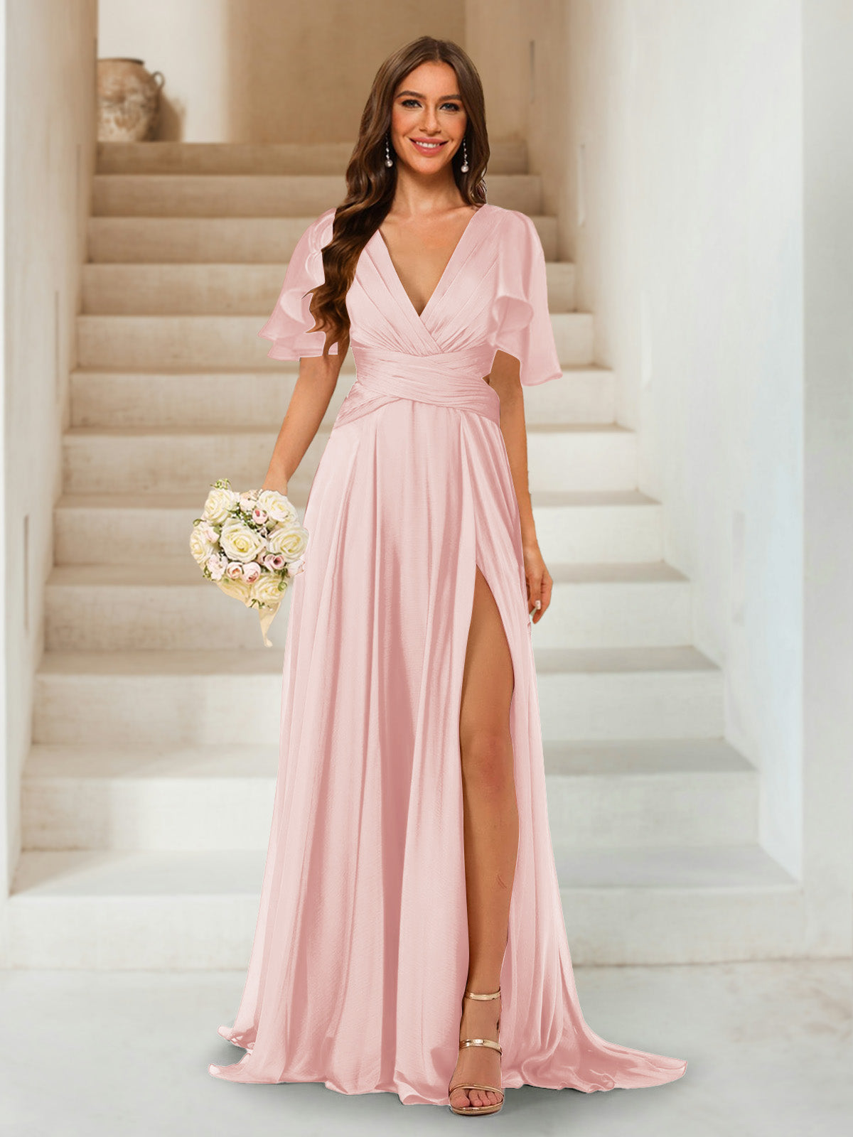 A-Line/Princess V-Neck Short Sleeves Long Bridesmaid Dresses with Split Side Pearl Pink