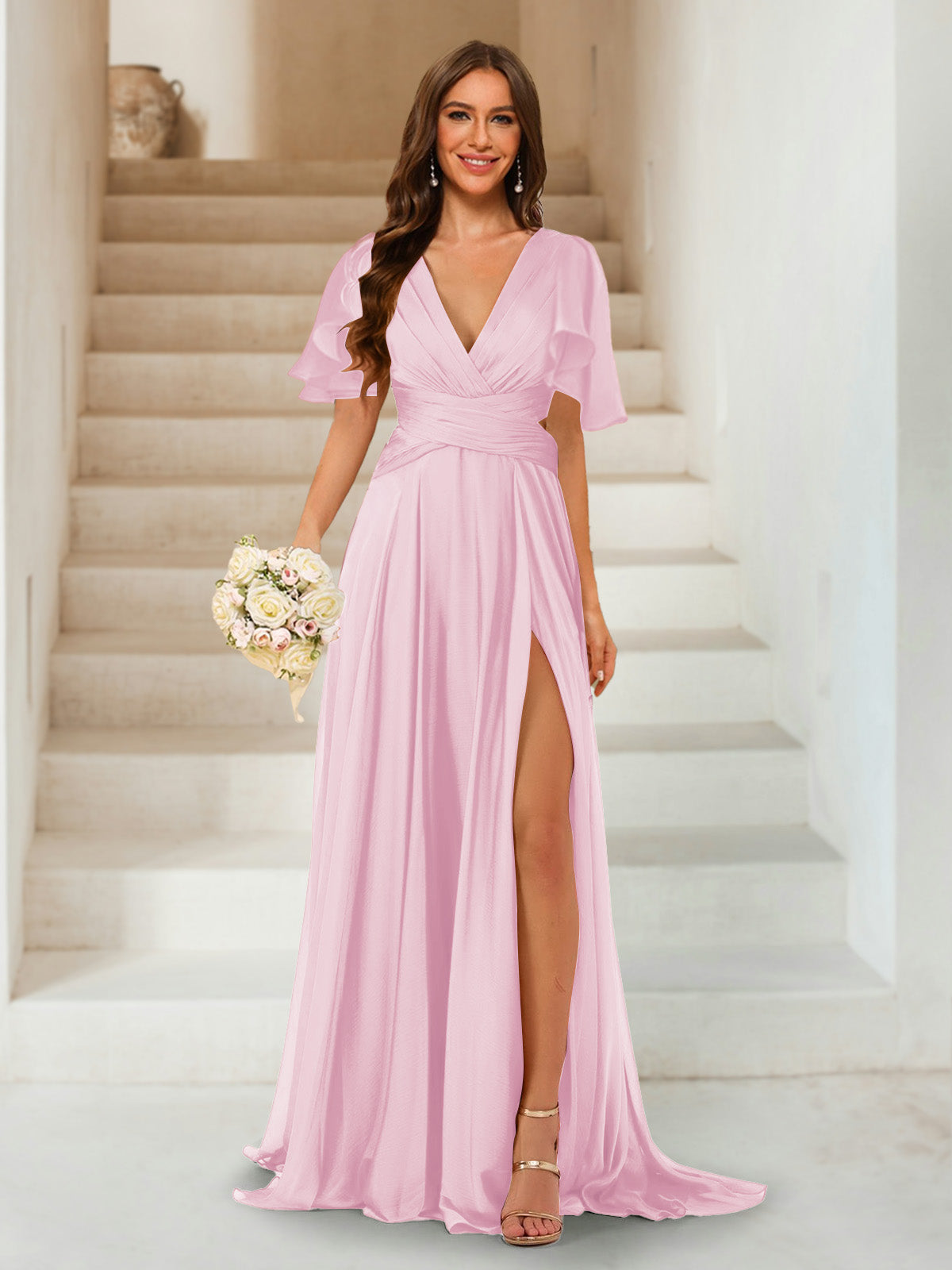 A-Line/Princess V-Neck Short Sleeves Long Bridesmaid Dresses with Split Side Pink