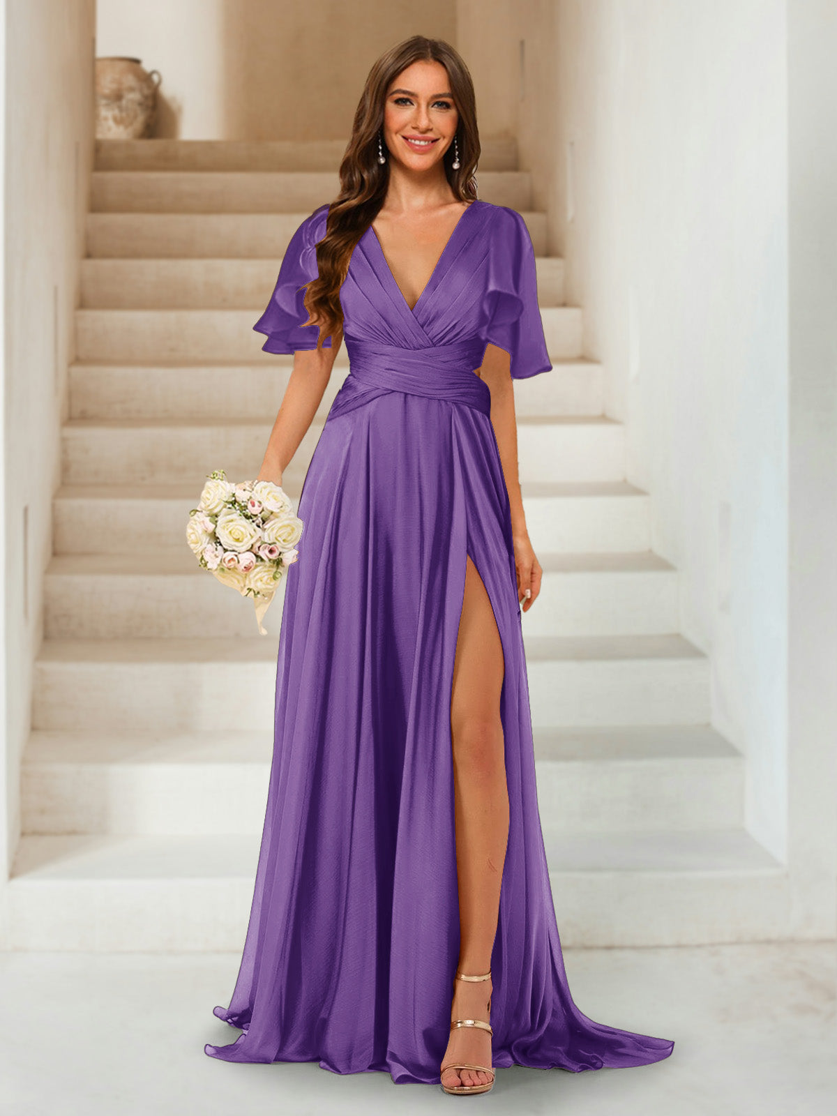 A-Line/Princess V-Neck Short Sleeves Long Bridesmaid Dresses with Split Side Purple