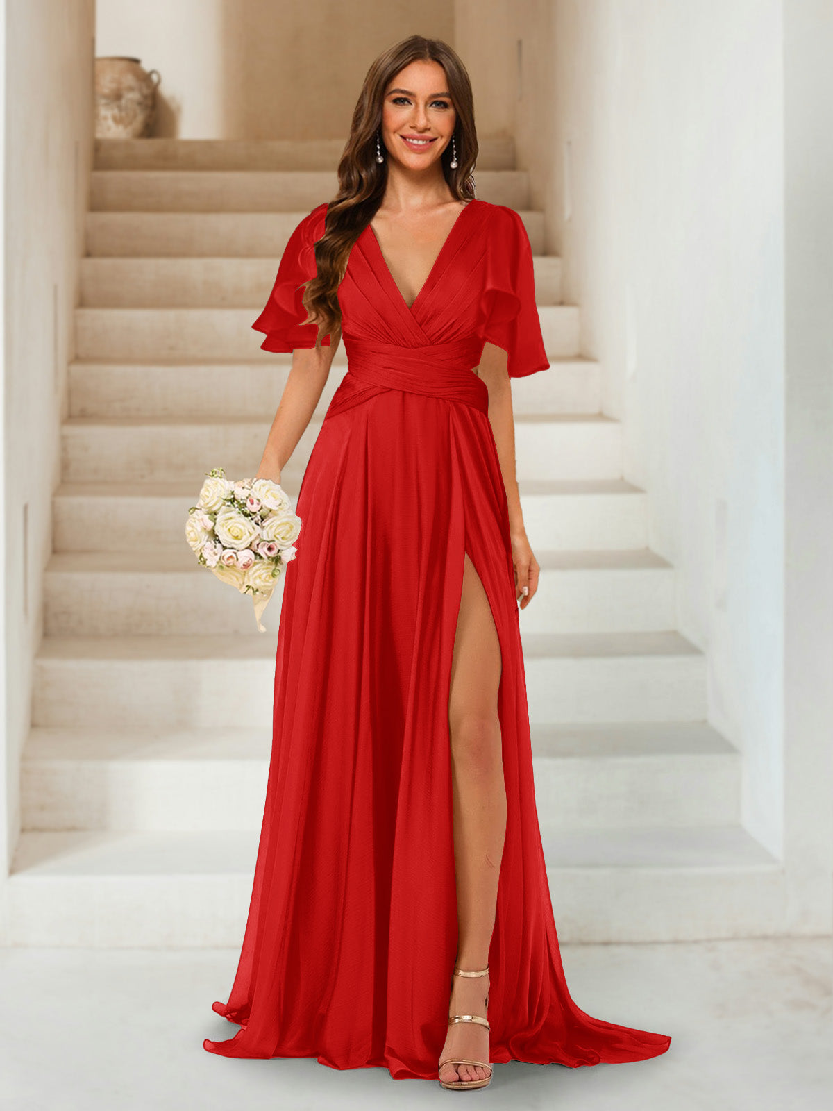 A-Line/Princess V-Neck Short Sleeves Long Bridesmaid Dresses with Split Side Red