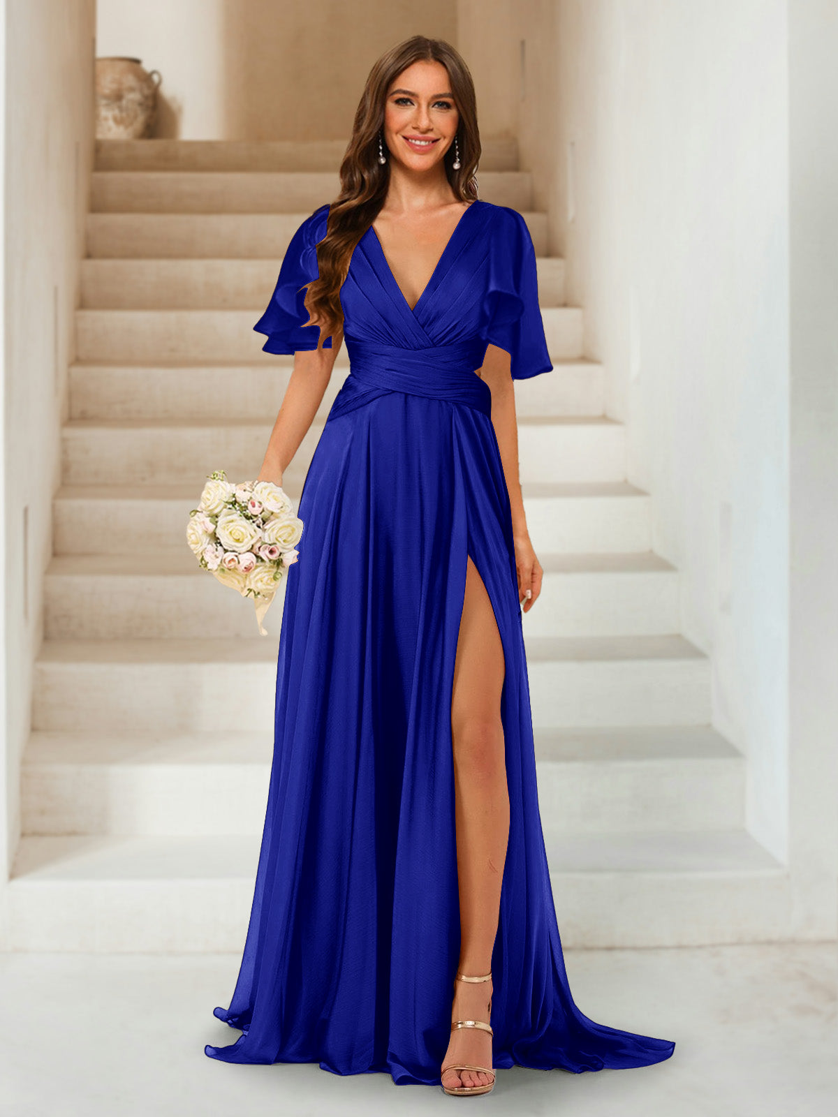 A-Line/Princess V-Neck Short Sleeves Long Bridesmaid Dresses with Split Side Royal Blue