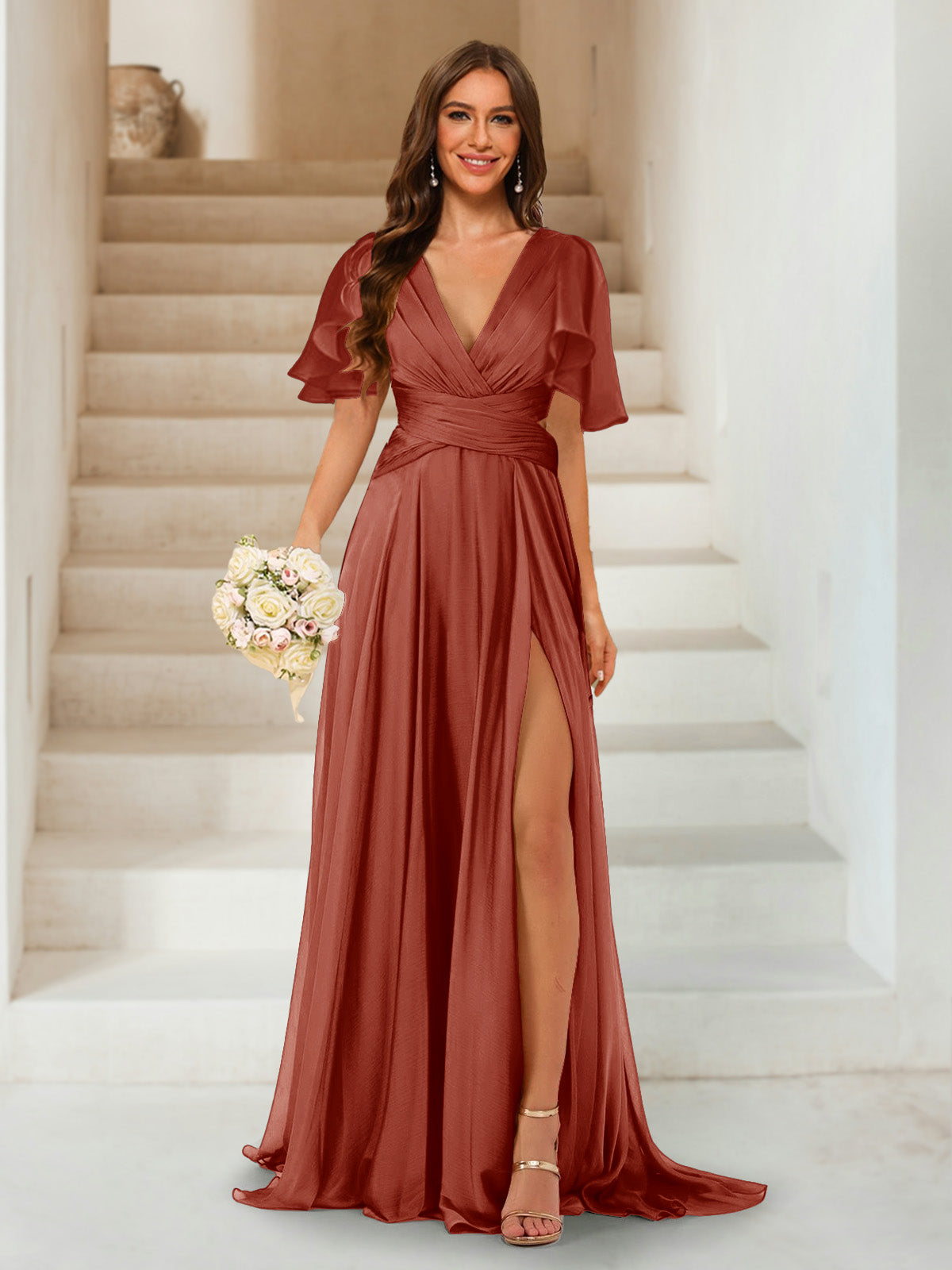 A-Line/Princess V-Neck Short Sleeves Long Bridesmaid Dresses with Split Side Rust