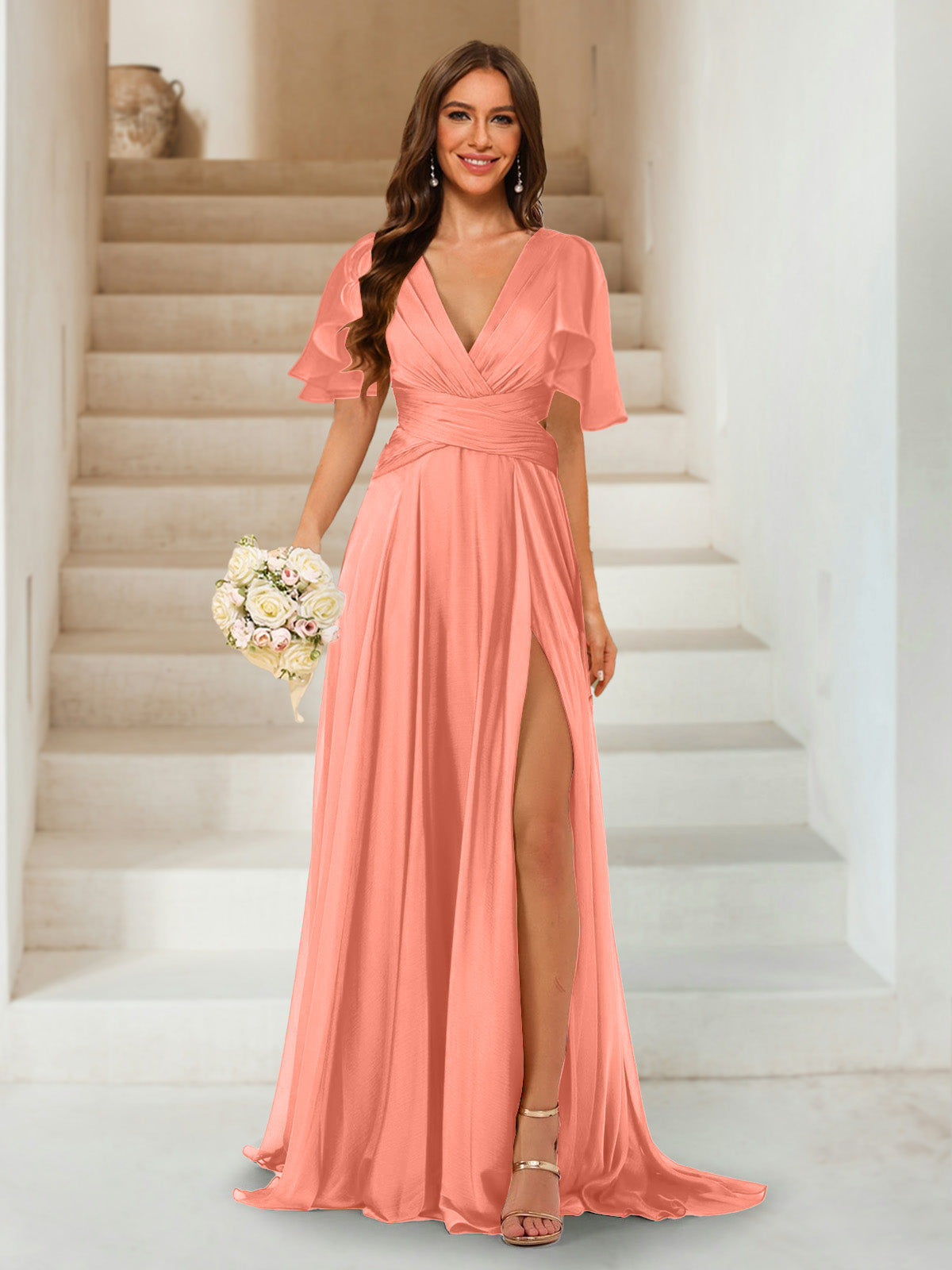 A-Line/Princess V-Neck Short Sleeves Long Bridesmaid Dresses with Split Side Salmon