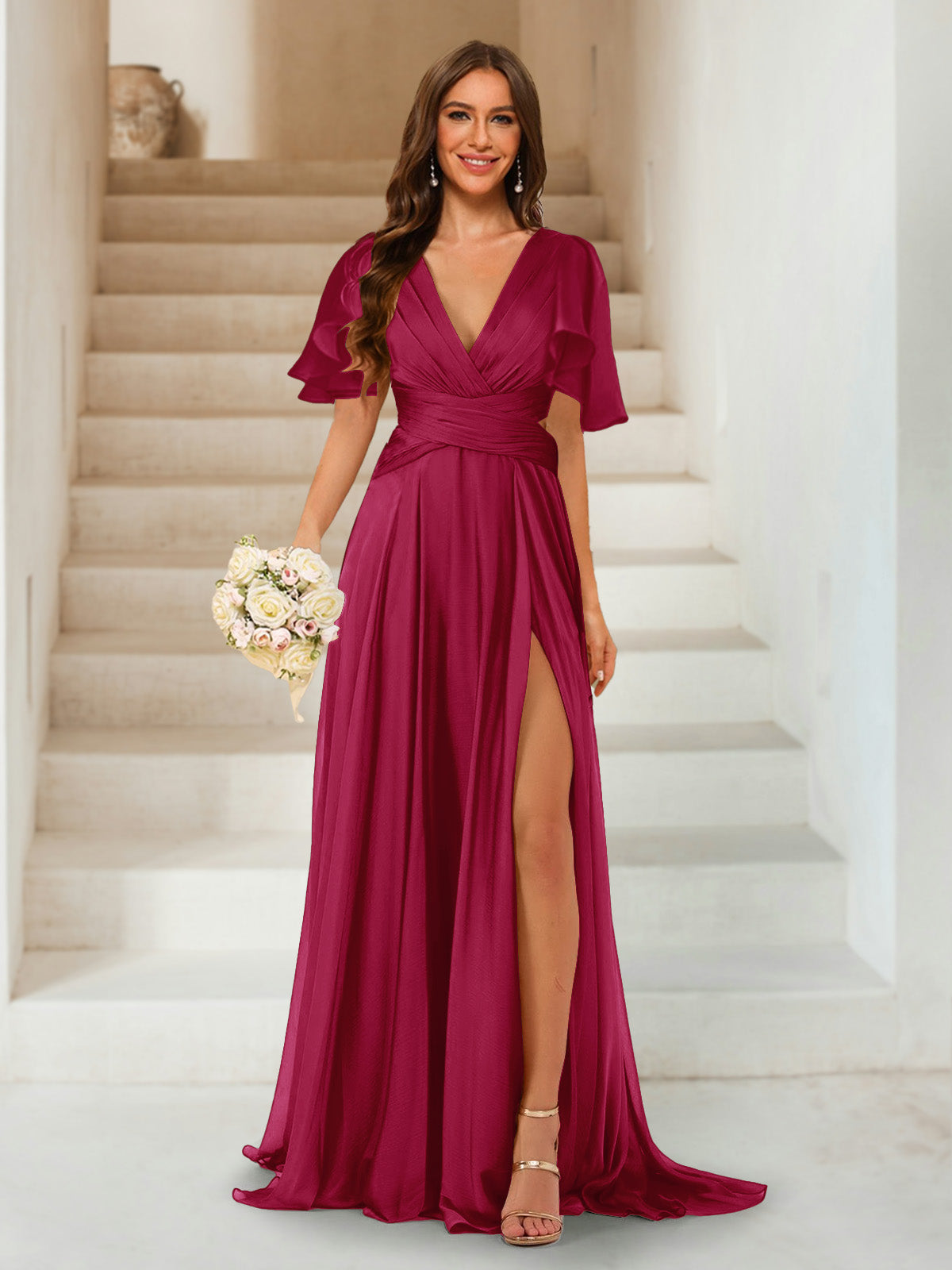 A-Line/Princess V-Neck Short Sleeves Long Bridesmaid Dresses with Split Side Wine Red