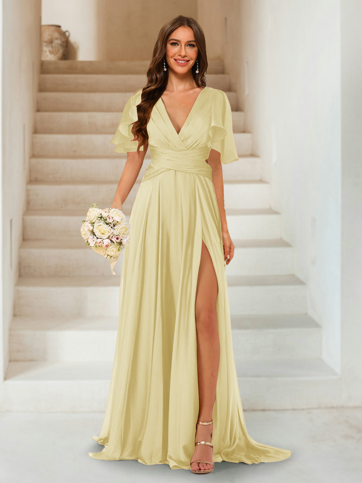 A-Line/Princess V-Neck Short Sleeves Long Bridesmaid Dresses with Split Side Yellow