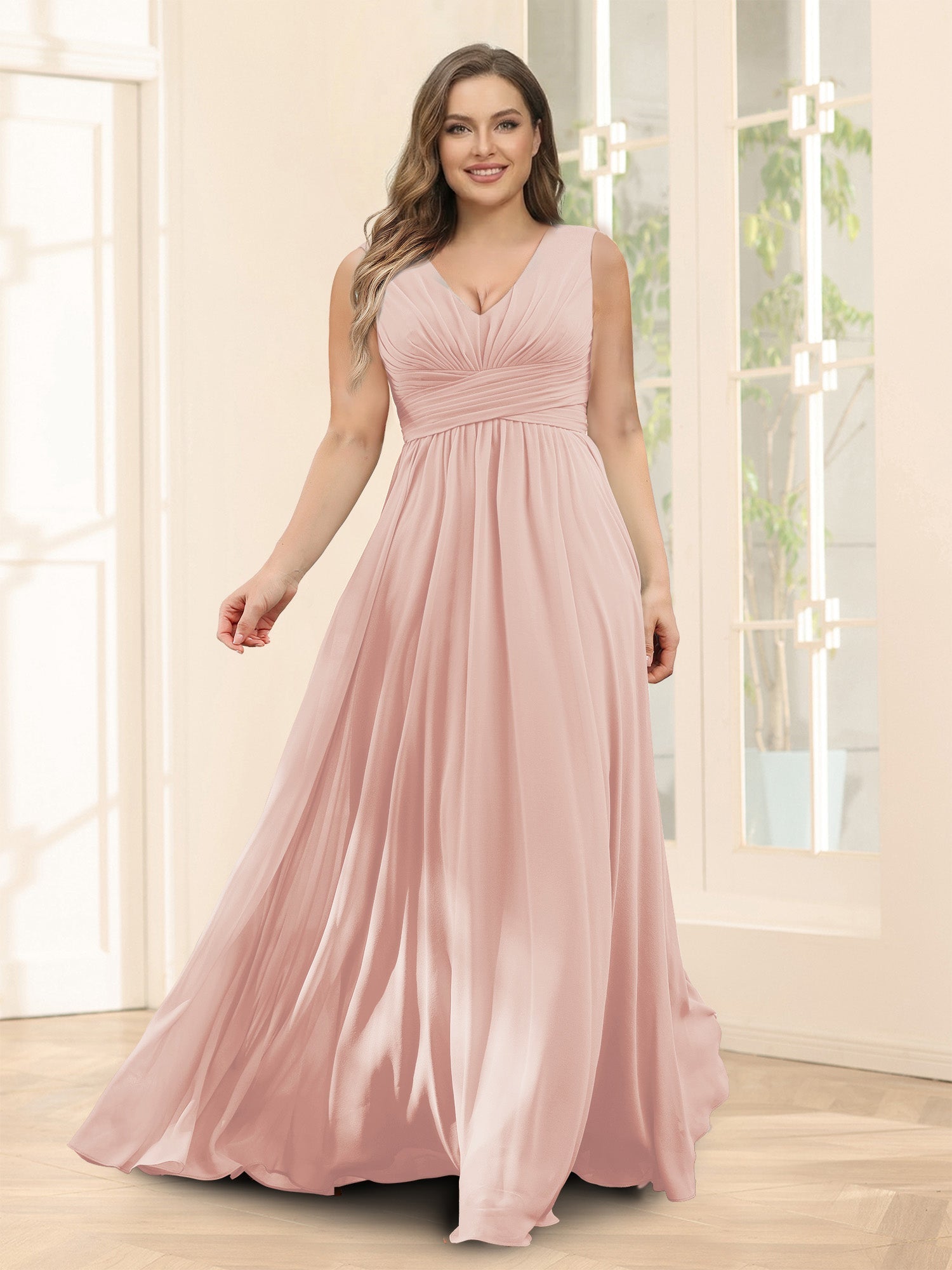 A-Line V-Neck Sleeveless Chiffon Plus Size Bridesmaid Dresses With Pockets Blush Pink