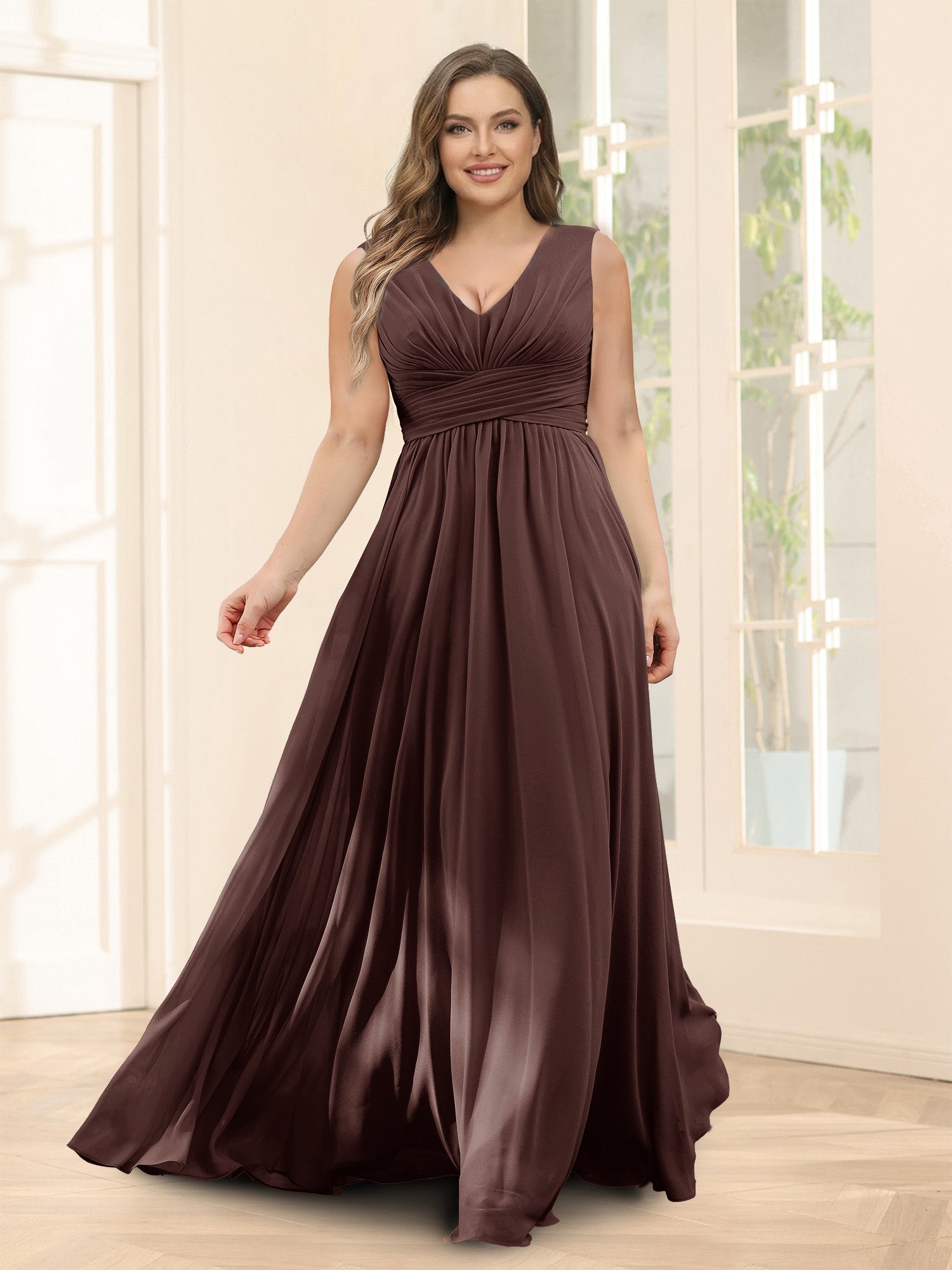A-Line V-Neck Sleeveless Chiffon Plus Size Bridesmaid Dresses With Pockets Brown