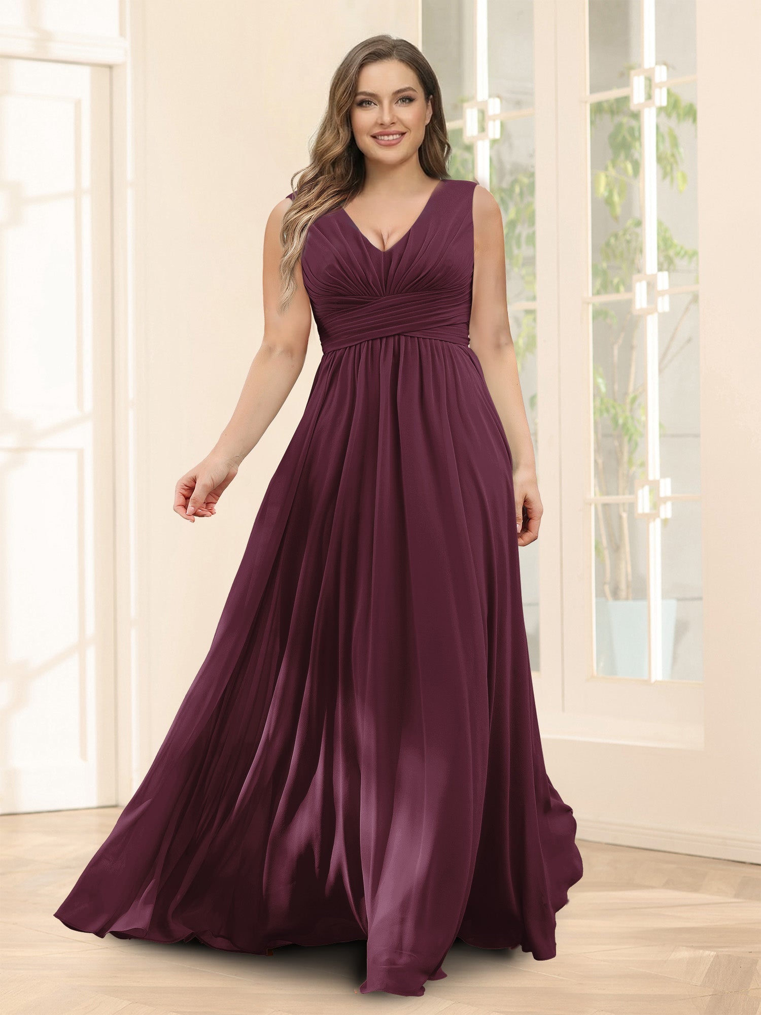 A-Line V-Neck Sleeveless Chiffon Plus Size Bridesmaid Dresses With Pockets Burgundy