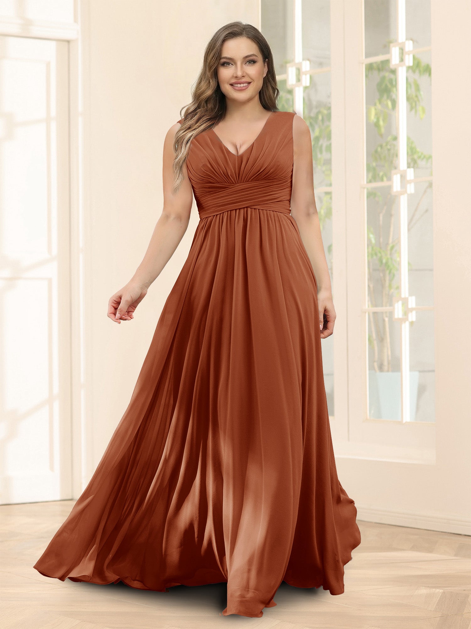 A-Line V-Neck Sleeveless Chiffon Plus Size Bridesmaid Dresses With Pockets Burnt Orange